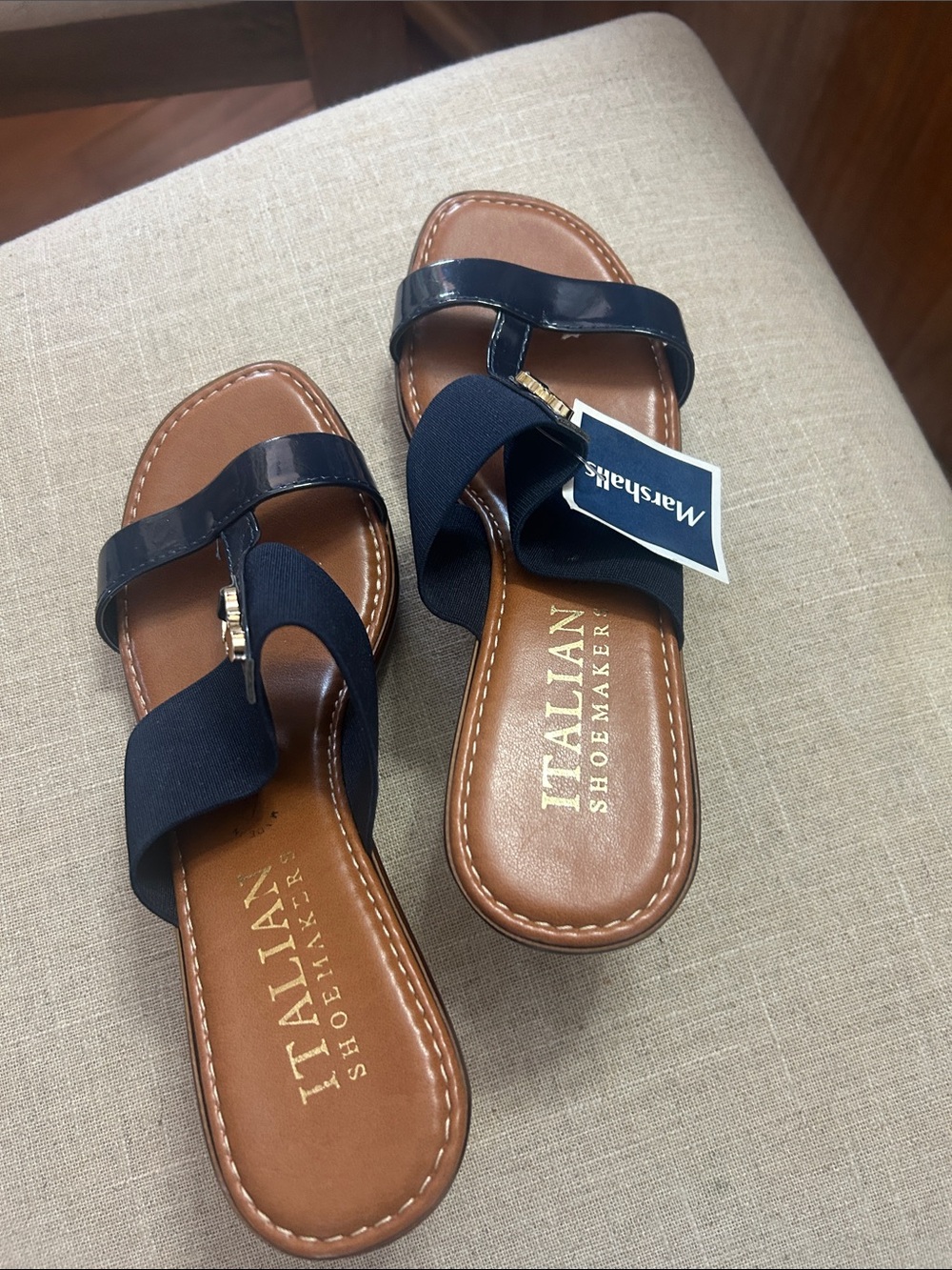 Italian Shoemakers Navy Slide Sandals with Patent Accent